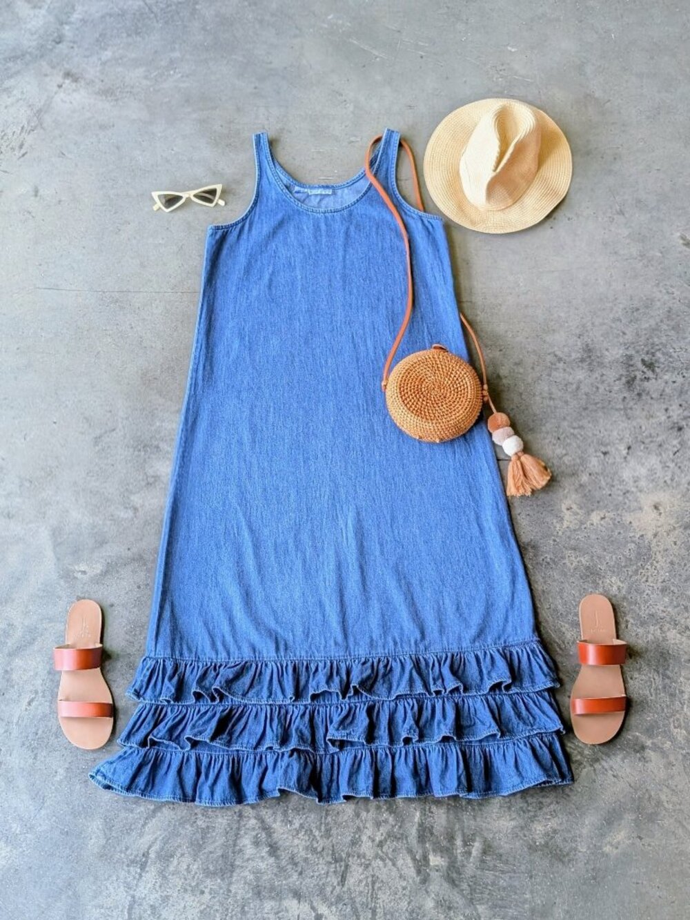 Vintage 80s Gotcha Covered Blue Denim Sleeveless Ruffle Hem Maxi Dress size 8